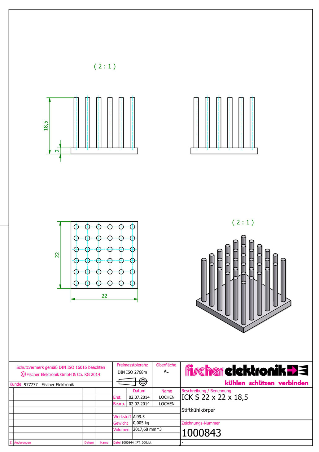 ICK S 22 x 22 x 18,5| Al99.5 | 角型ピンヒートシンク | Fischer Elektronik