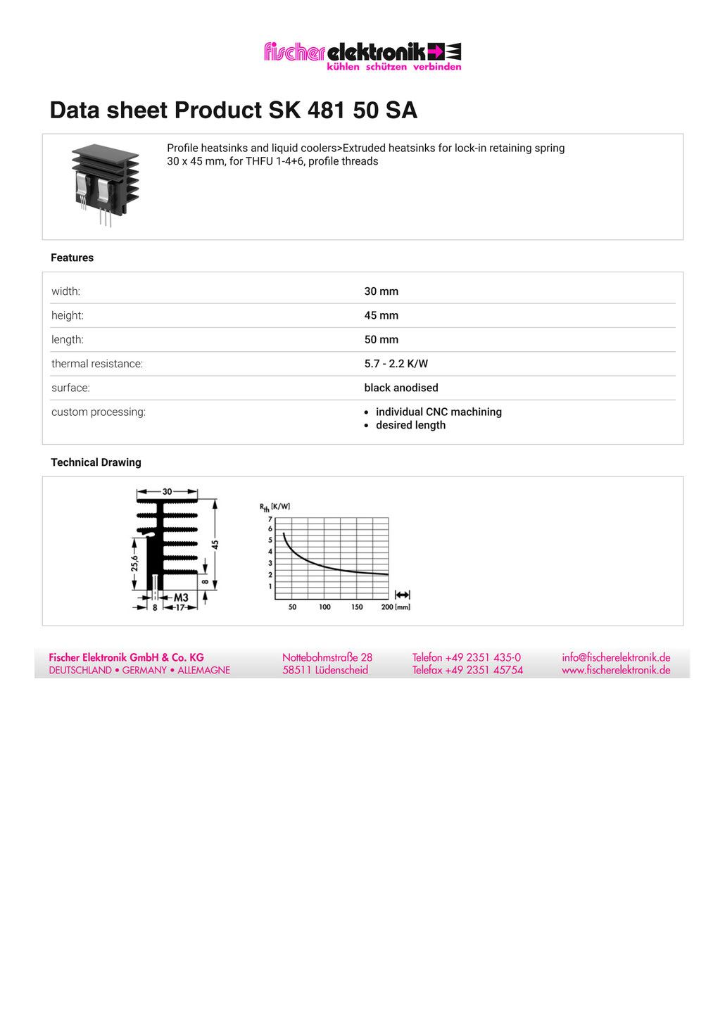 SK 481 50 SA Fischer Elektronikトランジスタ固定スプリング用押出ヒートシンク