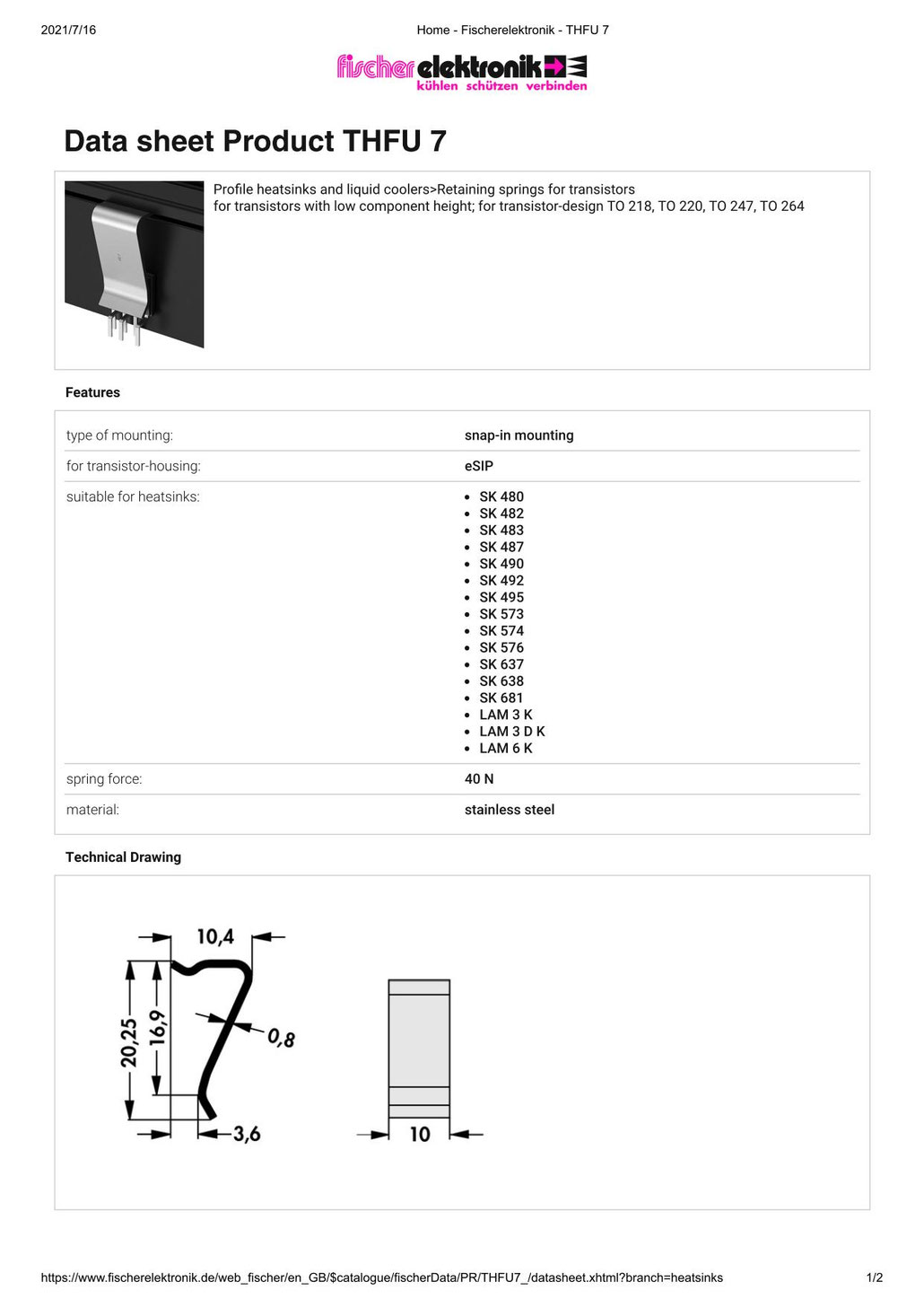 THFU7 Fischer Elektronik トランジスタ固定用スプリング