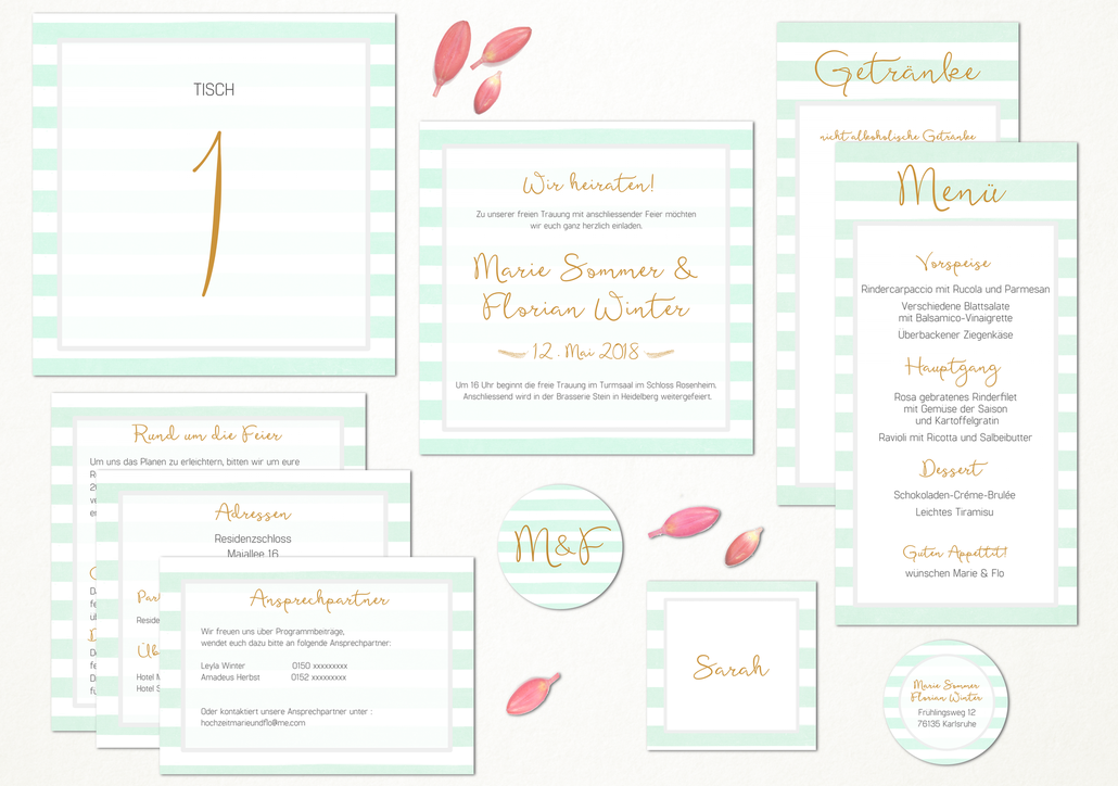 Hochzeitset, Juhu Papeterie, Karlsruhe, Hochzeitseinladung, Pcoketfoldeinladung, Deutschland, Sorbet, mint, peach, gold, goldton