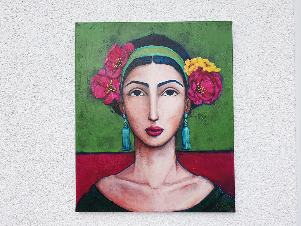 "Frau mit Blumen im Haar Acrylmalerei" Acryl auf Leinwand/Strukturpaste und andere, Mischtechnik  Verkauft  