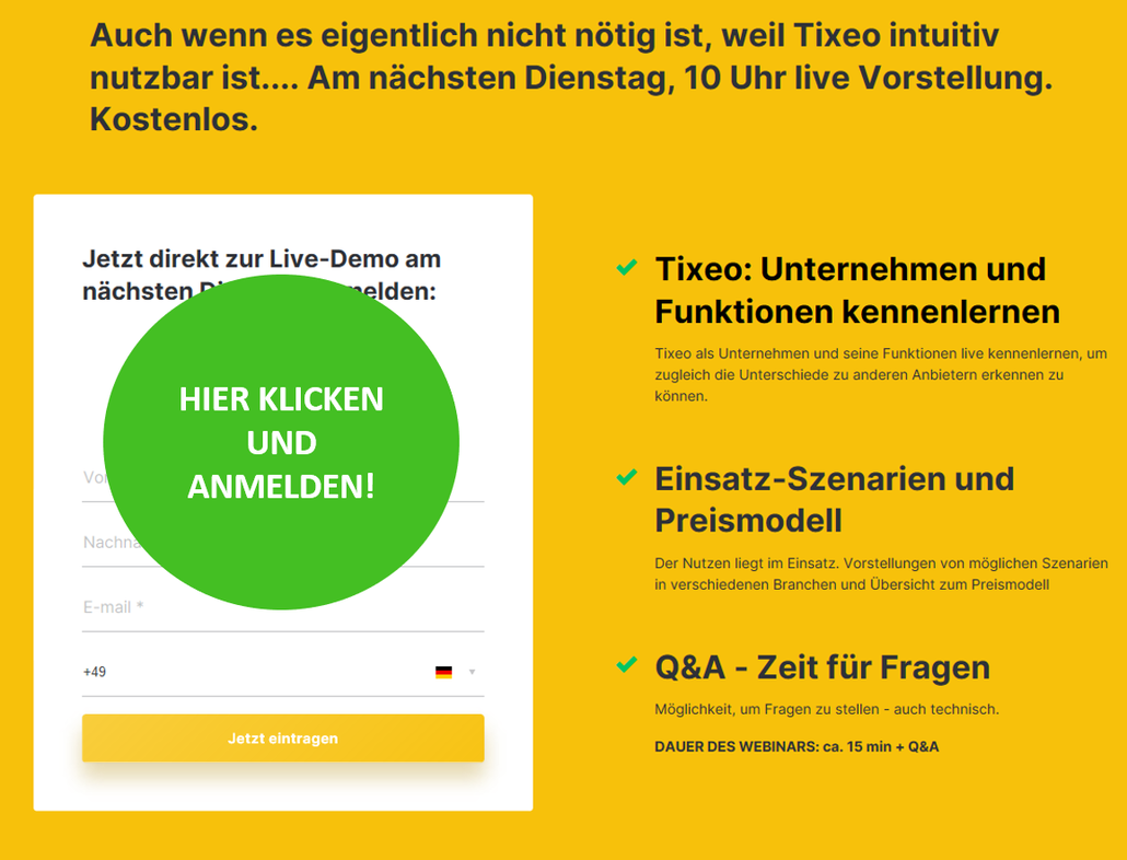 Anmeldemaske um sich für die Live-Demo von Tixeo bei Kanzleiberatung Jasis Consulting anzumelden