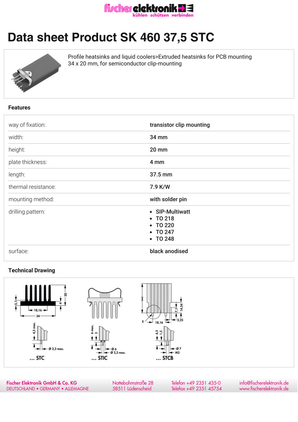 SK 460 37,5 STC  SIP-Multiwatt  TO-218 TO-247 TO-248 TO-220用ヒートシンク クリップマウント (34 x 20 x 37,5mm) 　データシート