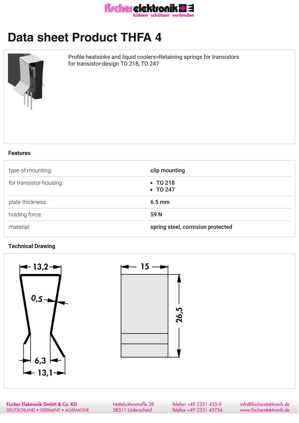 THFA4 Fischer Elektronik TO-218 TO-247パッケージ トランジスタ固定用スプリング