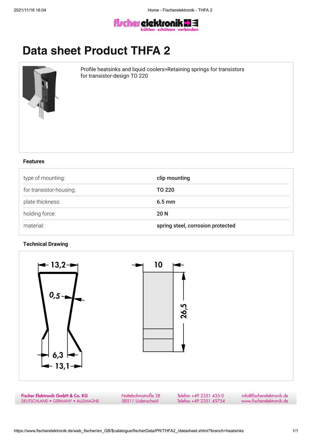 THFA2 Fischer Elektronik TO-220パッケージ トランジスタ固定用スプリング
