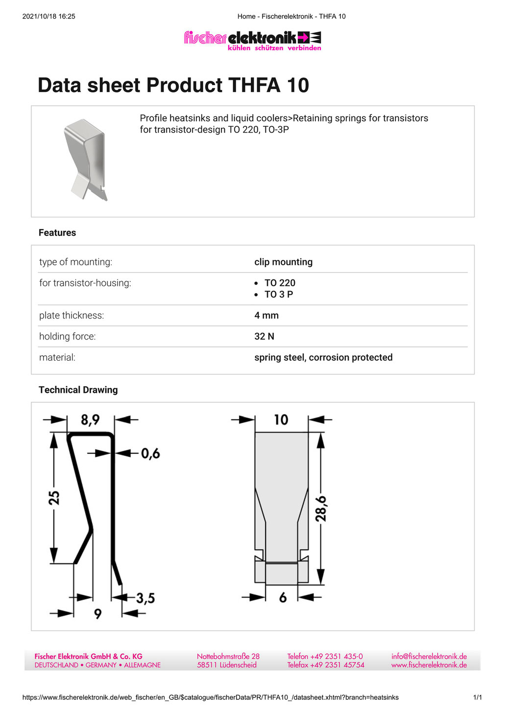 THFA10 Fischer Elektronik トランジスタ固定用スプリング (TO-220, TO-3Pパッケージ用)