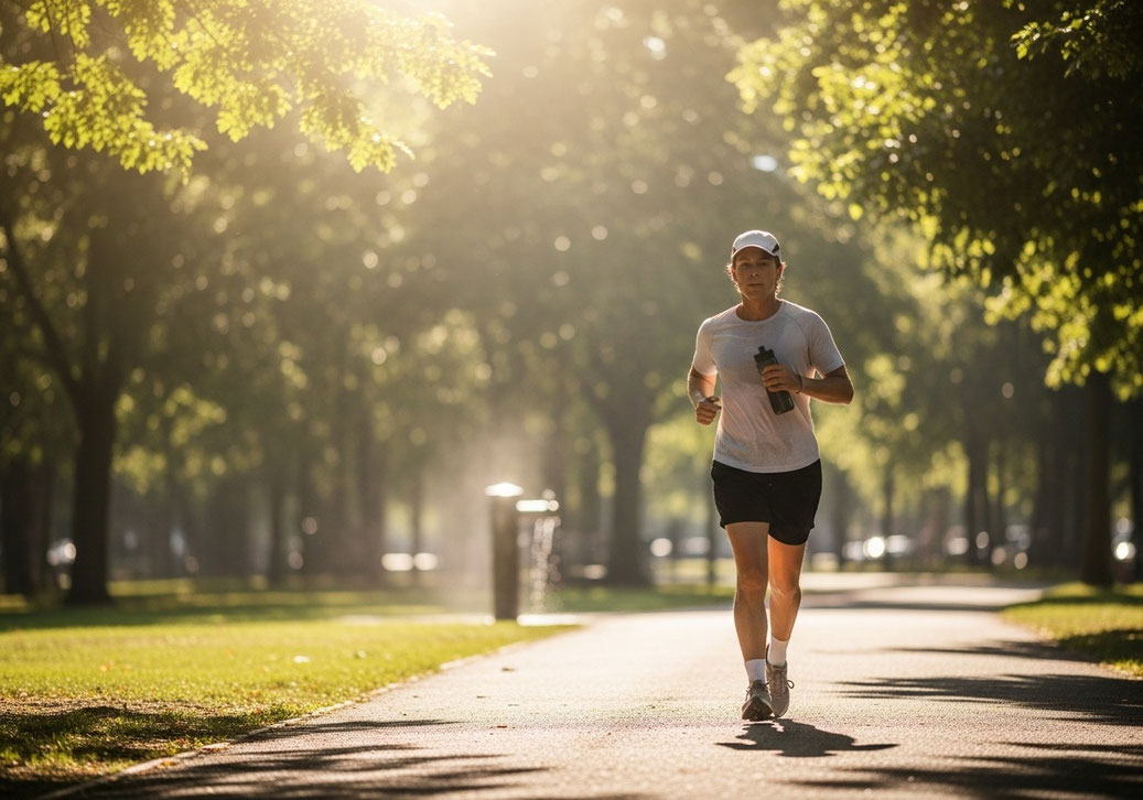 Sport bei Hitze: Schatten, reduziertes Tempo und regelmäßige Trinkpausen helfen, den Kreislauf zu entlasten und Überhitzung vorzubeugen. (Foto: Debeka/KI) 
