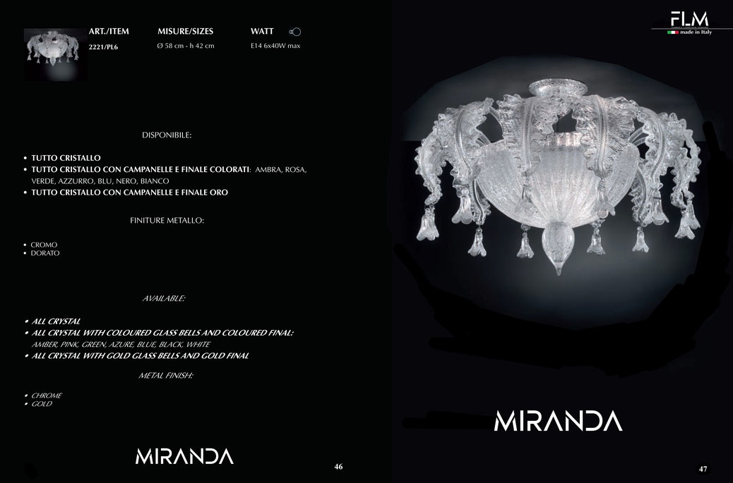 Plafoniera Miranda in vetro di Murano 6 luci trasparente con pendenti