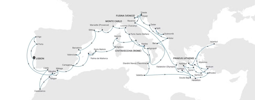Grand Mediterrenean 2027 Routenkarte von Lissabon nach Lissabon mit Silver Dawn