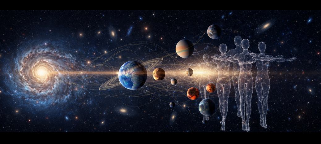 Weites Sternfeld mit Spiralgalaxie, Planetenreihen und transparenten Menschenfiguren, die durch Lichtlinien mit dem Kosmos verwoben sind.