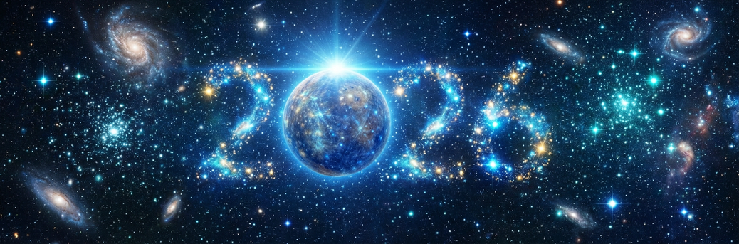 Kosmische Darstellung des Jahres 2026 mit leuchtendem Planet im Zentrum, Sternen und Galaxien – Symbol für Neubeginn, Merkur-Energie, Klarheit und bewusste Ausrichtung