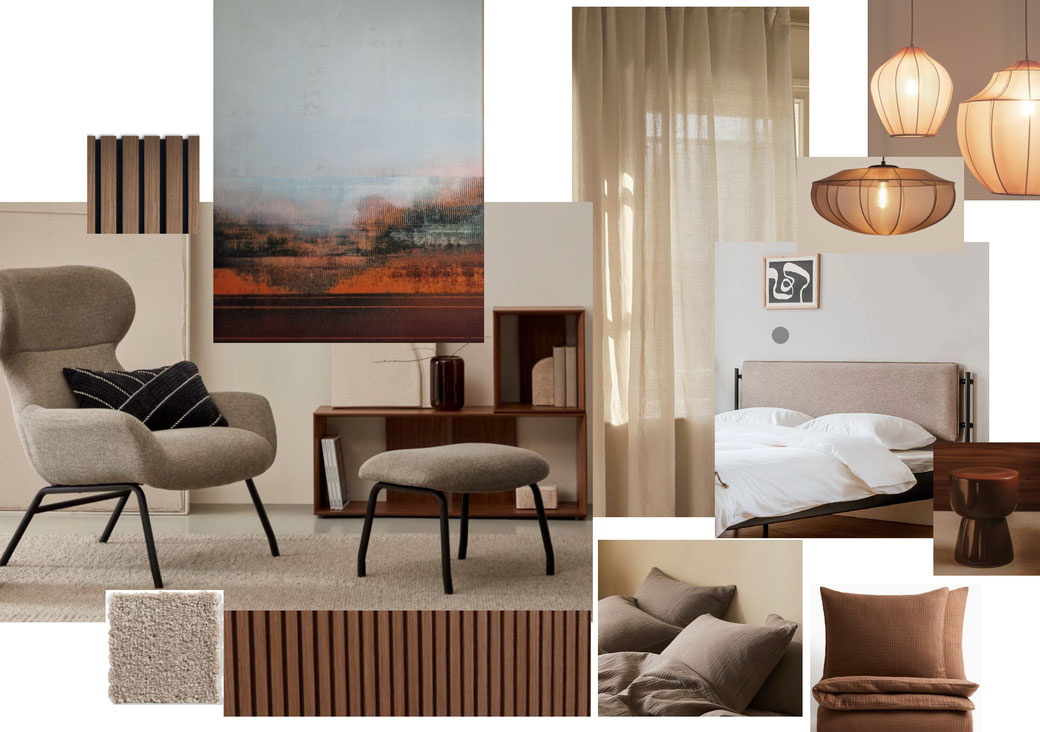 braune und holzige Einrichtung in Erdtönen als Collage moodboard angeordnet