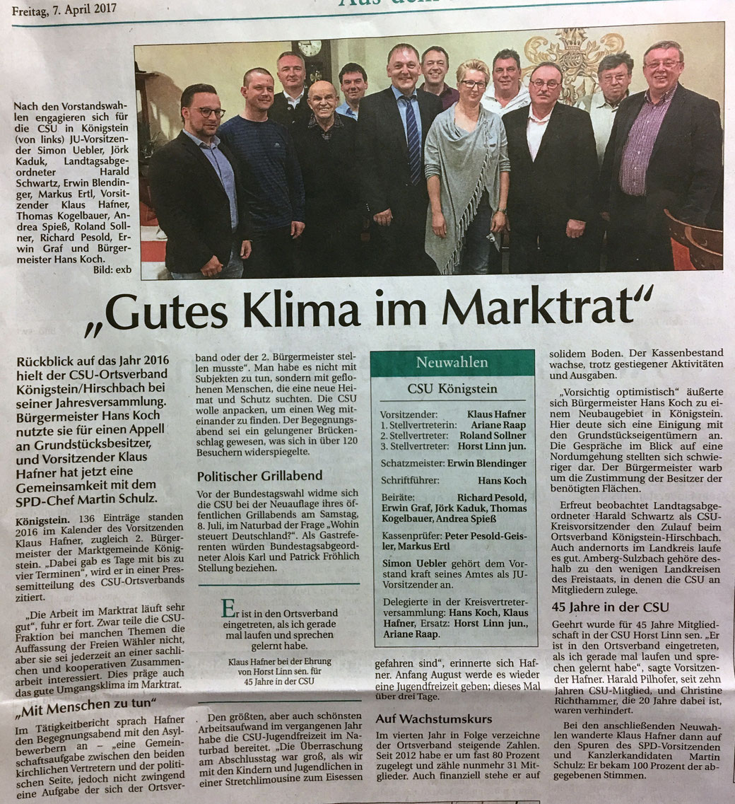 CSU Ortsverband Königstein Hirschbach Klaus Hafner Roland Sollner Hans Koch Ariane Raap Blendinger Erwin Thomas Kogelbauer Jörk Kaduk Linn Horst