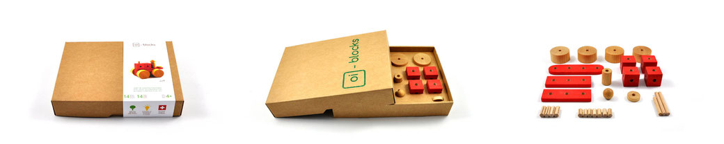 oi-blocks - jeu de construction en bois - emballage et contenu