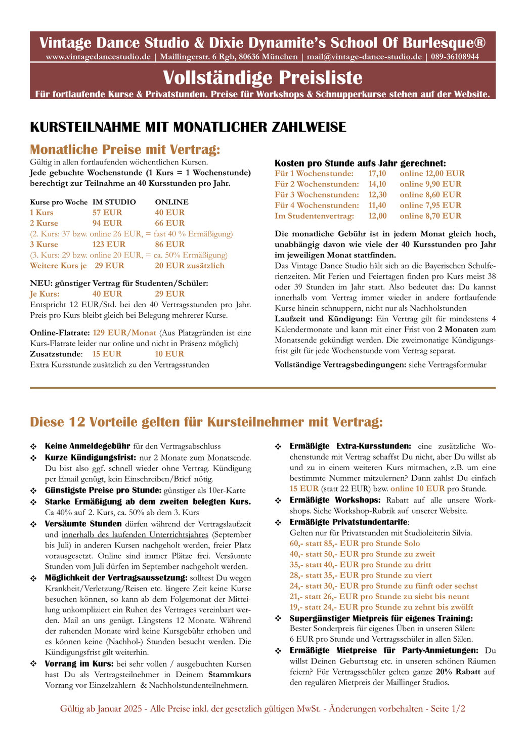 Preisliste Vintage Dance Studio München für Tanzkurse und Privatstunden ab Schuljahr 2019/2020, Seite 1, Privatworkshop Steptanz Charleston Burlesque