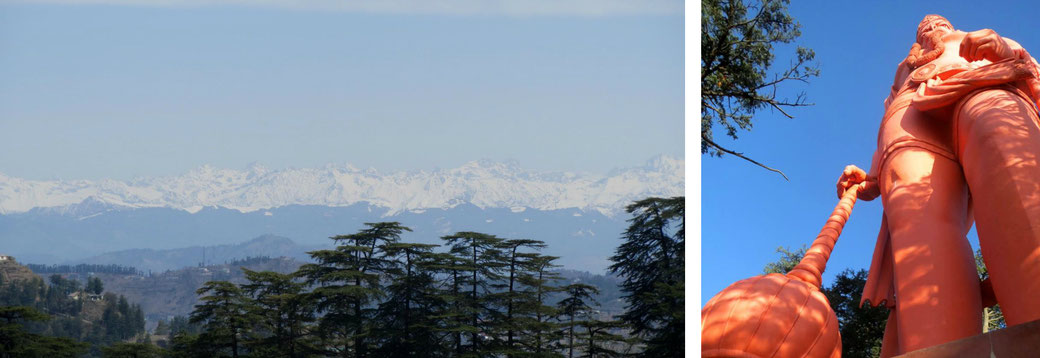 Bergkette des Himalaya und Hanuman-Statue in Shimla