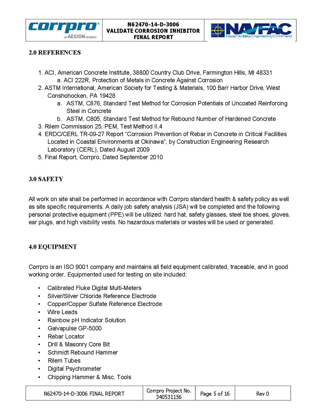List of Testing Equipment Used By Corrpro during SURTREAT Evaluation.