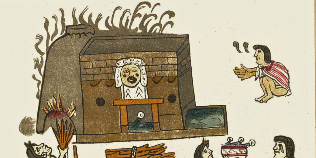 An Aztec steam bath (temazcal) with a seated figure outside, steam rising from the dome, and ritual elements like water and fire shown.