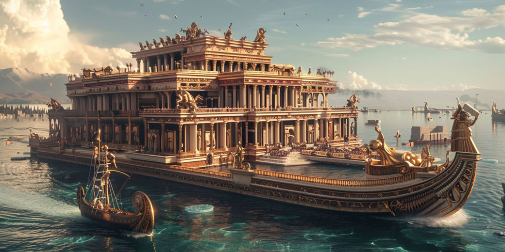 Massive floating palace with classical architecture and golden statues, surrounded by smaller ancient ships on calm waters.