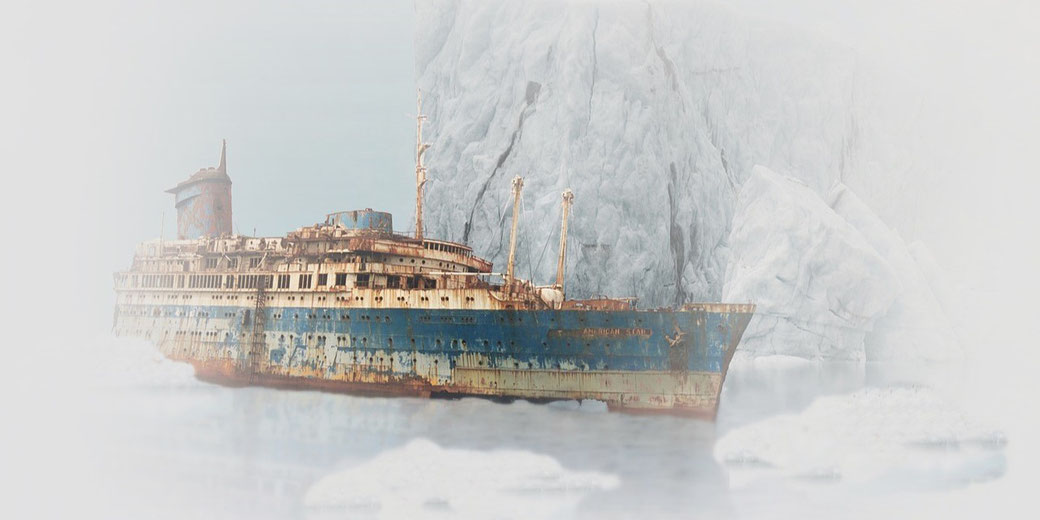 A rusted, abandoned ship named "American Star" in icy waters, with towering icebergs in the background, giving a haunting, desolate atmosphere.