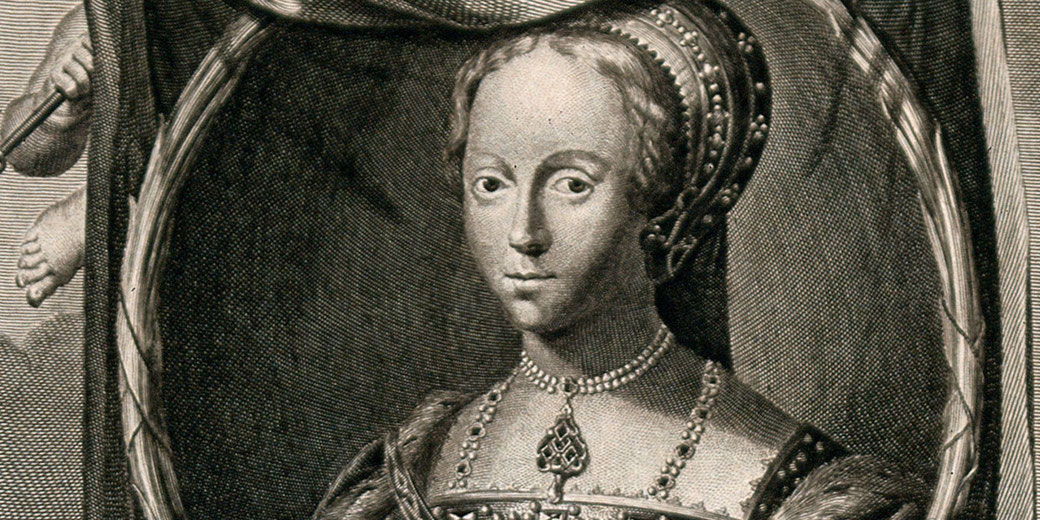 A young woman in Tudor-era dress with pearls and a headpiece, framed in an oval border within an engraving.