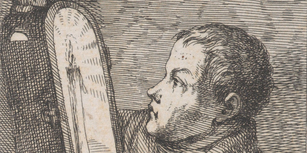 A detailed black-and-white etching shows a young man gazing intently at a candle with melting wax.