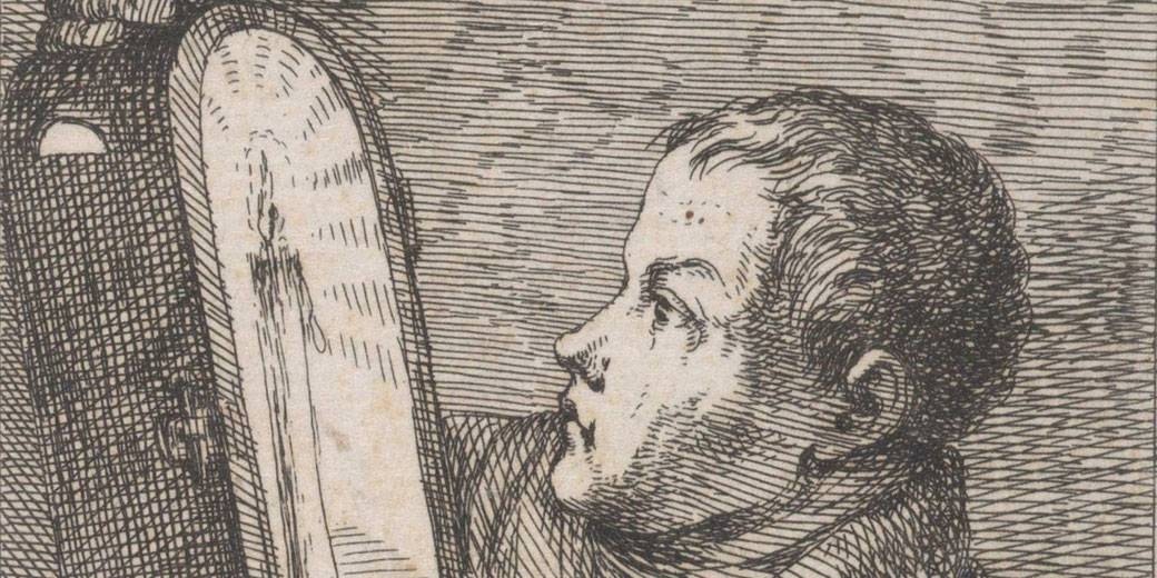 A detailed black-and-white etching shows a young man gazing intently at a candle with melting wax.