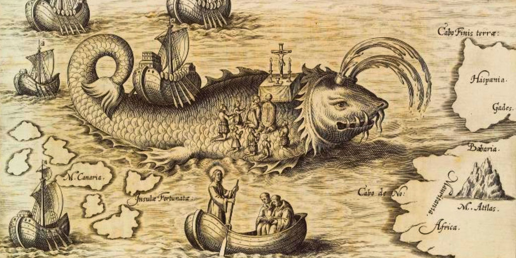 An old engraving depicting St. Brendan and his monks celebrating Mass on the back of a whale, a reference to medieval legends of his Atlantic voyage.