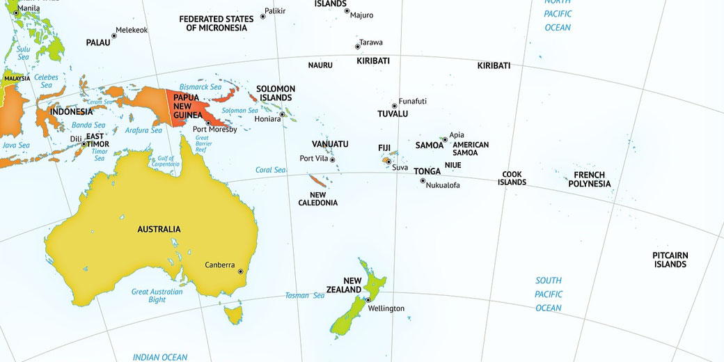 Map showing Australia, New Zealand, Papua New Guinea, and numerous Pacific island nations in Oceania with labeled capitals and surrounding seas.