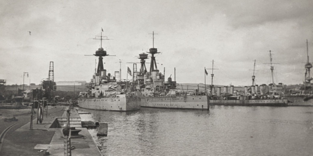 British warships, including two dreadnoughts, moored in Devonport Naval Dockyard, England, in 1919.