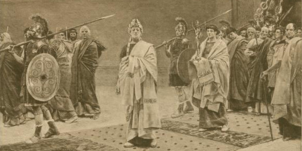 Sepia-toned illustration of a Roman triumph, with armored soldiers and officials escorting crowned figures on a ceremonial carpet.