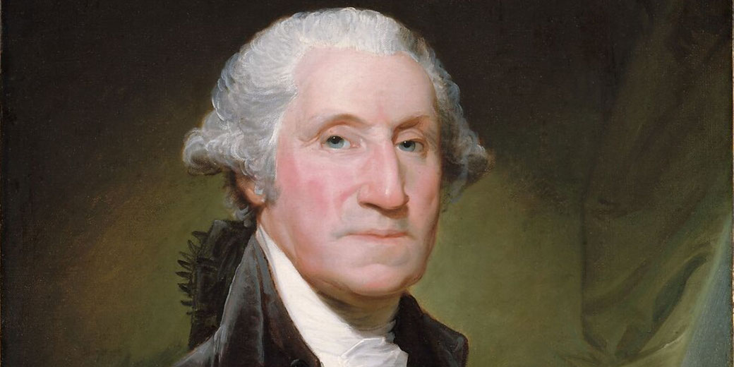Washington is portrayed in formal attire, his gaze directed outward, conveying a composed and authoritative presence.