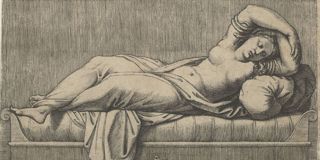 Engraving of Cleopatra reclining on a bed, based on Raphael's design, with monogram and collector's mark.