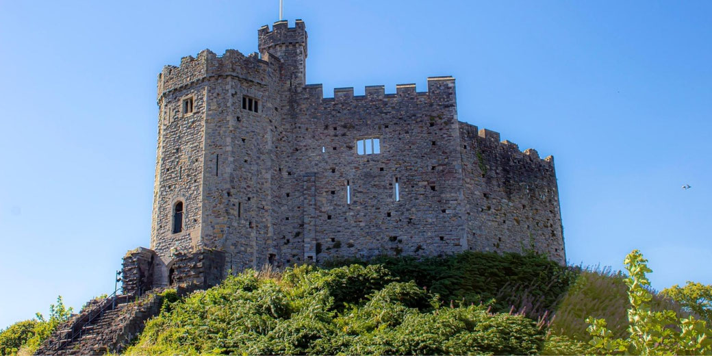 Stone castle with crenelated walls and a square tower stands on a green hill under a clear sky, with rough masonry and narrow windows visible.