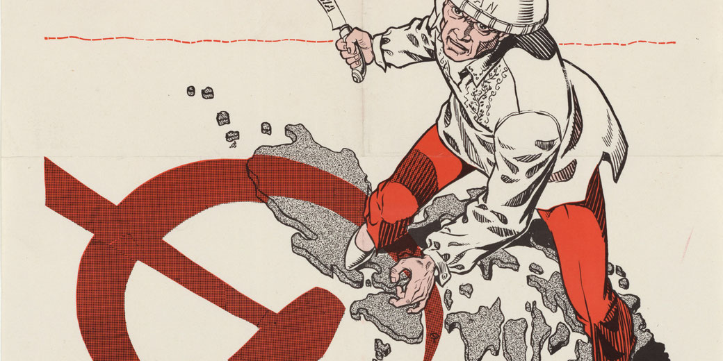1947 Filipino anti-communist poster shows a man labeled 'Democracy' attacking a hammer and sickle with a machete.