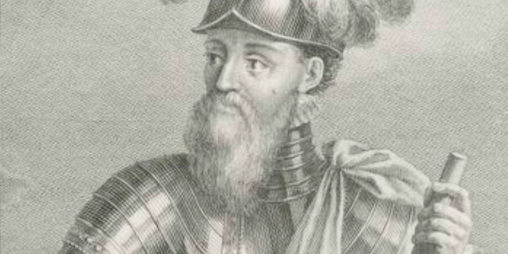 A historical engraving of a bearded man in plate armor and a helmet with a plume, holding a staff or baton. He has a serious expression and wears a cape draped over his shoulder.