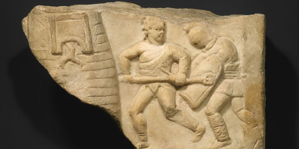 A marble relief showing a retiarius pursued by a secutor, matching the gladiator types described in the sources.