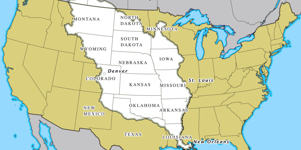 Map highlighting the Louisiana Purchase territory in white, showing the central United States with key cities like St. Louis and New Orleans labeled.