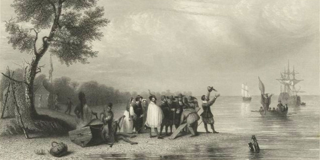 A group of European settlers lands on a shore, greeted by Indigenous people, with large sailing ships in the background.