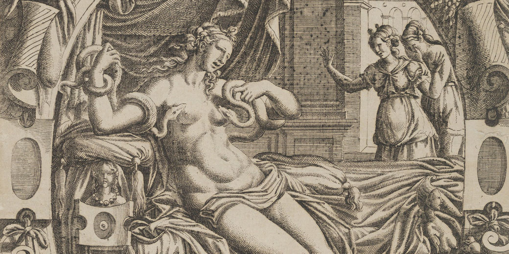 Etching by Jean Mignon, after Luca Penni, depicting Cleopatra's death by asp bite.