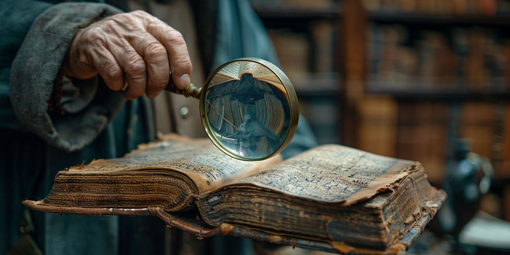 Man looking through a magnifying glass