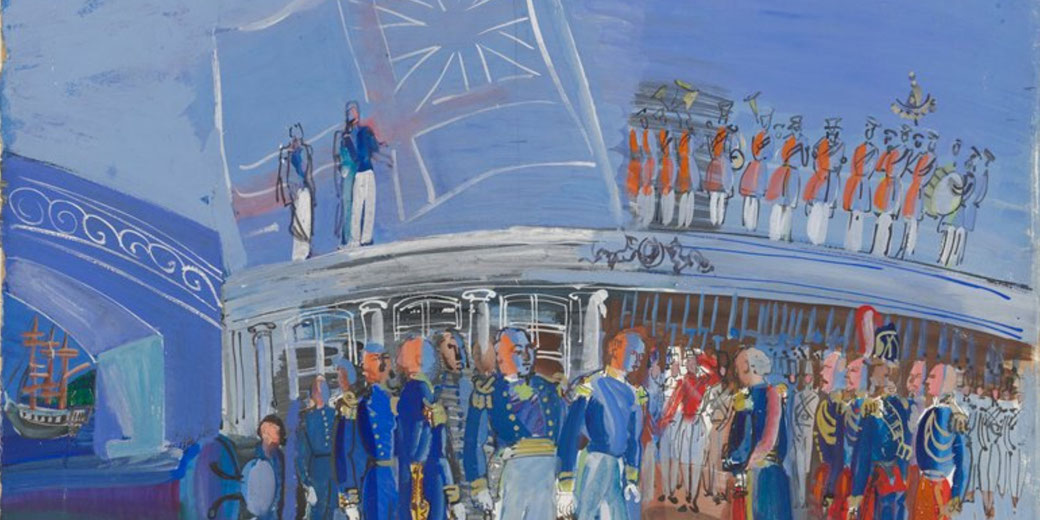 A vibrant painting depicts a historical military scene with officers in blue uniforms, a marching band, and a grand building.