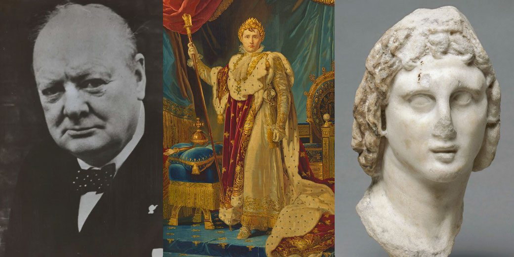 A composite image showing three historic figures: a black-and-white portrait of an older man, a regal painting of a robed emperor, and an ancient marble bust of a young man with curly hair.