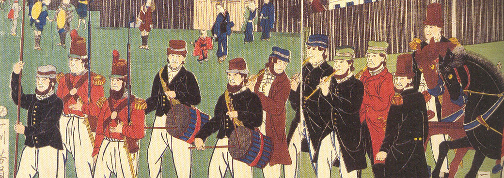 A woodblock print depicts Western soldiers in uniform marching with drums and flutes, watched by Japanese townspeople near wooden fences and buildings.