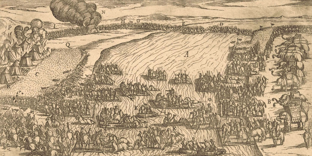 Hannibal and his Carthaginian forces cross the Rhône using boats and rafts, engaging the Volcae on the opposite bank.