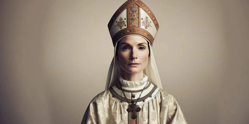 A woman dressed in ceremonial religious garments and a mitre stands against a plain background, wearing a cross necklace and an embroidered robe.