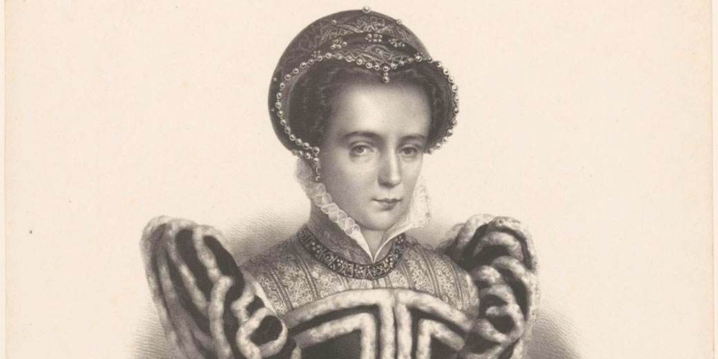 A historical portrait of a noblewoman in Tudor-era attire, featuring an ornate headpiece, a ruffled collar, and a richly decorated gown with puffed sleeves.