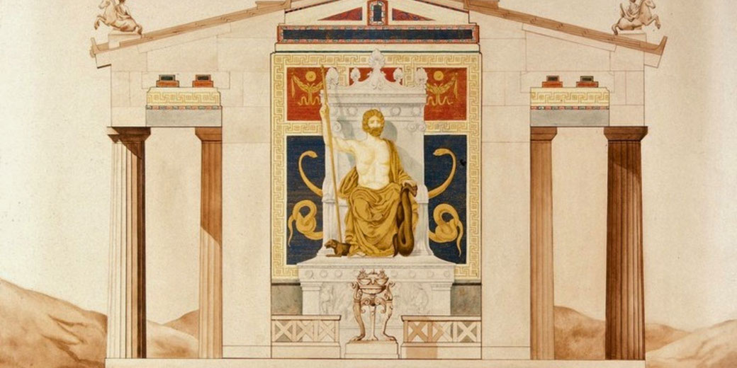 Illustration of a classical Greek temple interior with tall architectural columns and a seated deity statue framed by decorative panels and mythological motifs.