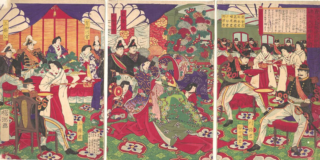 Triptych woodblock print depicting Emperor Meiji and Empress Shōken honoring military leaders after the Satsuma Rebellion.