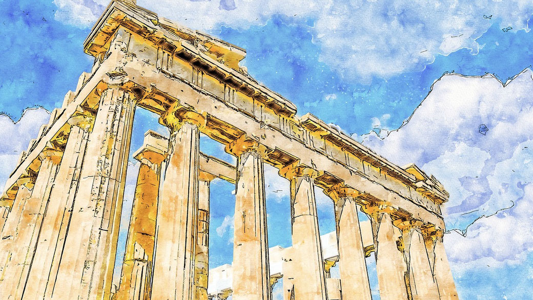 Artistic watercolor of the Parthenon with tall columns under a bright blue sky, shown from a low angle.
